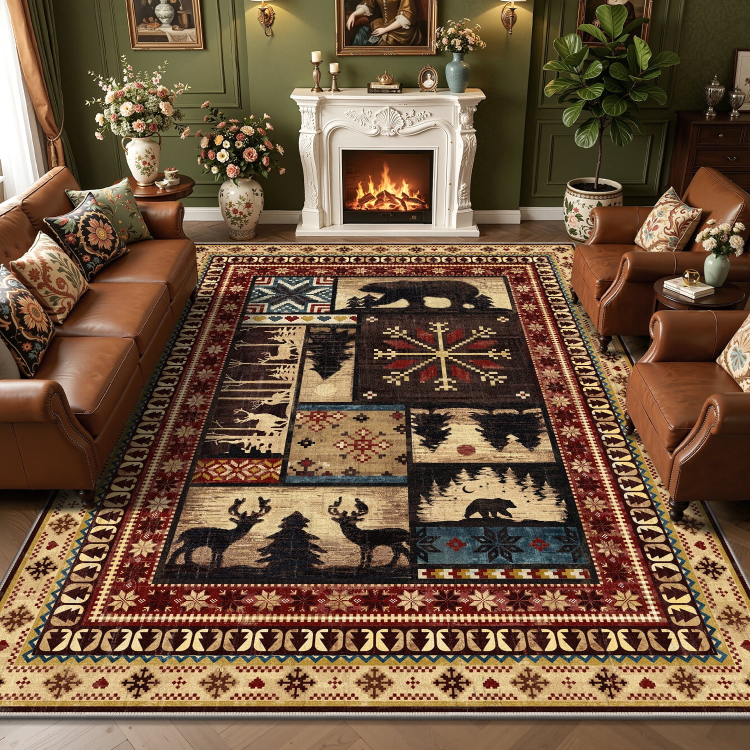MJIAexp 8'x10' Area Rug Washable Living Room Rug,Vintage Western Buffalo Bear Decor Indoor Large Carpet Rugs, Non Slip Soft Low Pile Area Carpet for Living Room Bedroom Festive Decor