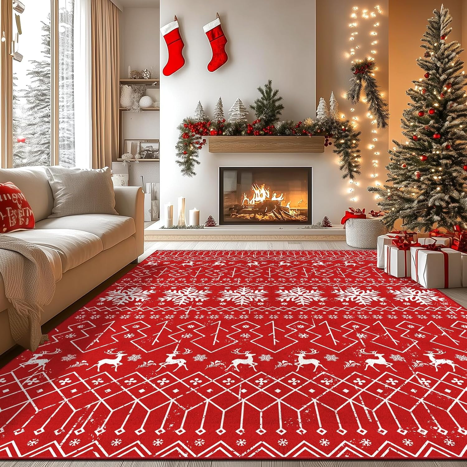 MJIAexp 8'x10' Christmas Area Rug,Washable Red Snowflake Indoor ...