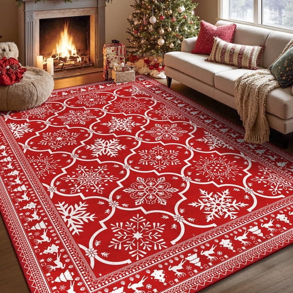 MJIAexp 8'x10' Christmas Area Rug,Washable Red Snowflake Indoor Christmas Holiday Decor Carpet, Non Slip Soft Low Pile Xmas Large rug for Living Room, Bedroom, Kitchen, Entryway, Dining Room, Red