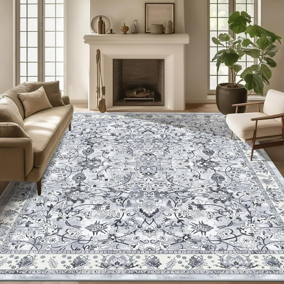 MJIAexp 8'x10' Moroccan Area Rug Washable Bedroom Rug Vintage Boho Area Rug Non-Slip Accent Throw Rug Stain Resistant Floor Carpet for Kitchen Entryway Living Room Office Floral Gray