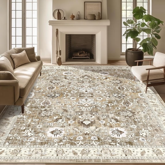 MJIAexp 8'x10' Moroccan Area Rug Washable Bedroom Rug Vintage Boho Area Rug Non-Slip Accent Throw Rug Stain Resistant Floor Carpet for Kitchen Entryway Living Room Office Floral Beige