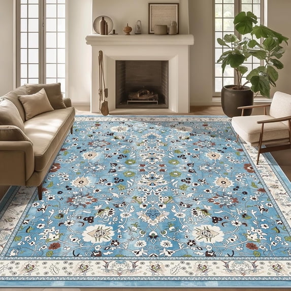 MJIAexp 8'x10' Moroccan Area Rug Washable Bedroom Rug Vintage Boho Area Rug Non-Slip Accent Throw Rug Stain Resistant Floor Carpet for Kitchen Entryway Living Room Office Floral Blue