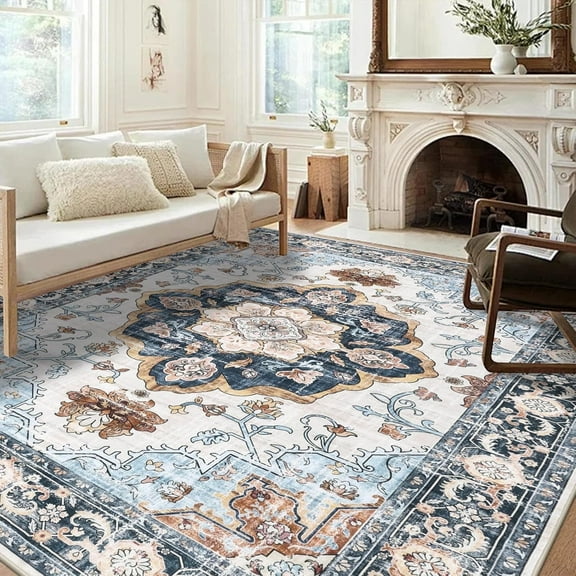 MJIAexp 8'x10' Vintage Boho Area Rug Washable Area Rug for Living Room Non-Slip Distressed Accent Rug Faux Wool Bedroom Rug Floor Carpet for Dining Room Bedroom Kitchen Entryway Office Blue
