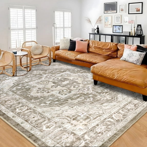 MJIAexp 8x10 Vintage Area Rugs Machine Washable Rug with Rubber Backing Stain Resistant Rugs Anti Slip Living Room Rug, Bedroom Rug, Home Decor Beige