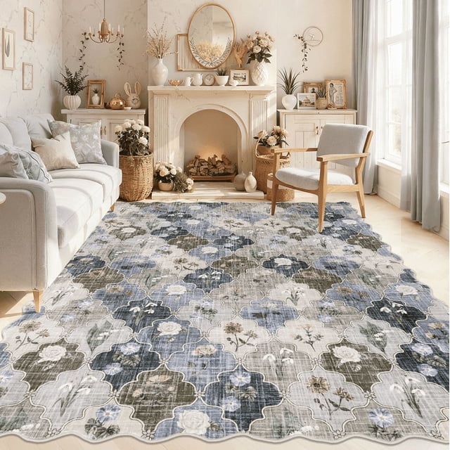 MJIAexp 8x10 Floral Moroccan Washable Area Rugs for Living Room,Soft Bedroom Large Rug,Non Slip Dining Room Rug, Stain Resistant Boho Rugs Easy Clean Throw Carpet for Office
