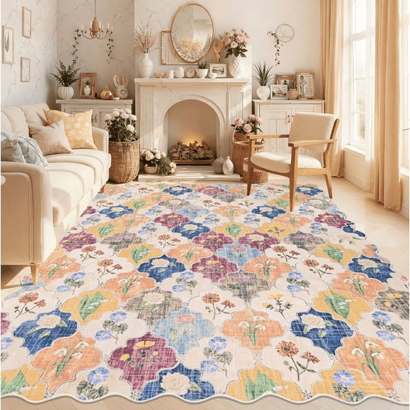 MJIAexp 8x10 Floral Moroccan Washable Area Rugs for Living Room,Soft Bedroom Large Rug,Non Slip Dining Room Rug, Stain Resistant Boho Rugs Easy Clean Throw Carpet for Office