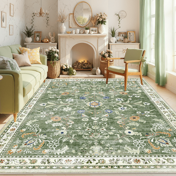 MJIAexp 8x10 Floral Washable Area Rugs for Living Room,Soft Bedroom Large Rug,Non Slip Dining Room Rug, Stain Resistant Boho Rugs Easy Clean Throw Carpet for Office