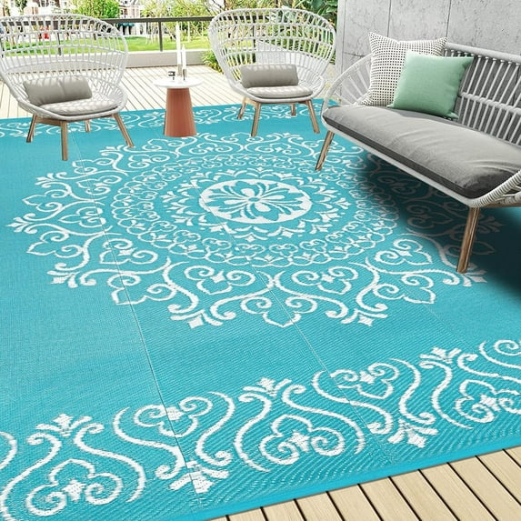 MJIAexp 9'x12' Blue Outdoor Rug Patio Rug Waterproof RV Outdoor Rug Camping Rugs Reversible Plastic Straw Rug Large Outdoor Mat for Camping, Balcony Apartment, Patio, Porch, Picnic, Beach