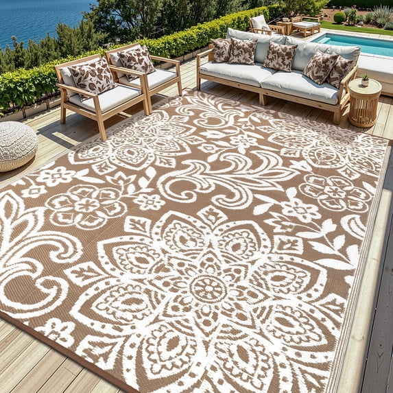 MJIAexp 8'x10' Brown Outdoor Rug Patio Rug Waterproof RV Outdoor Rug Camping Rugs Reversible Plastic Straw Rug Large Outdoor Mat for Camping, Balcony Apartment, Patio, Porch, Picnic, Beach