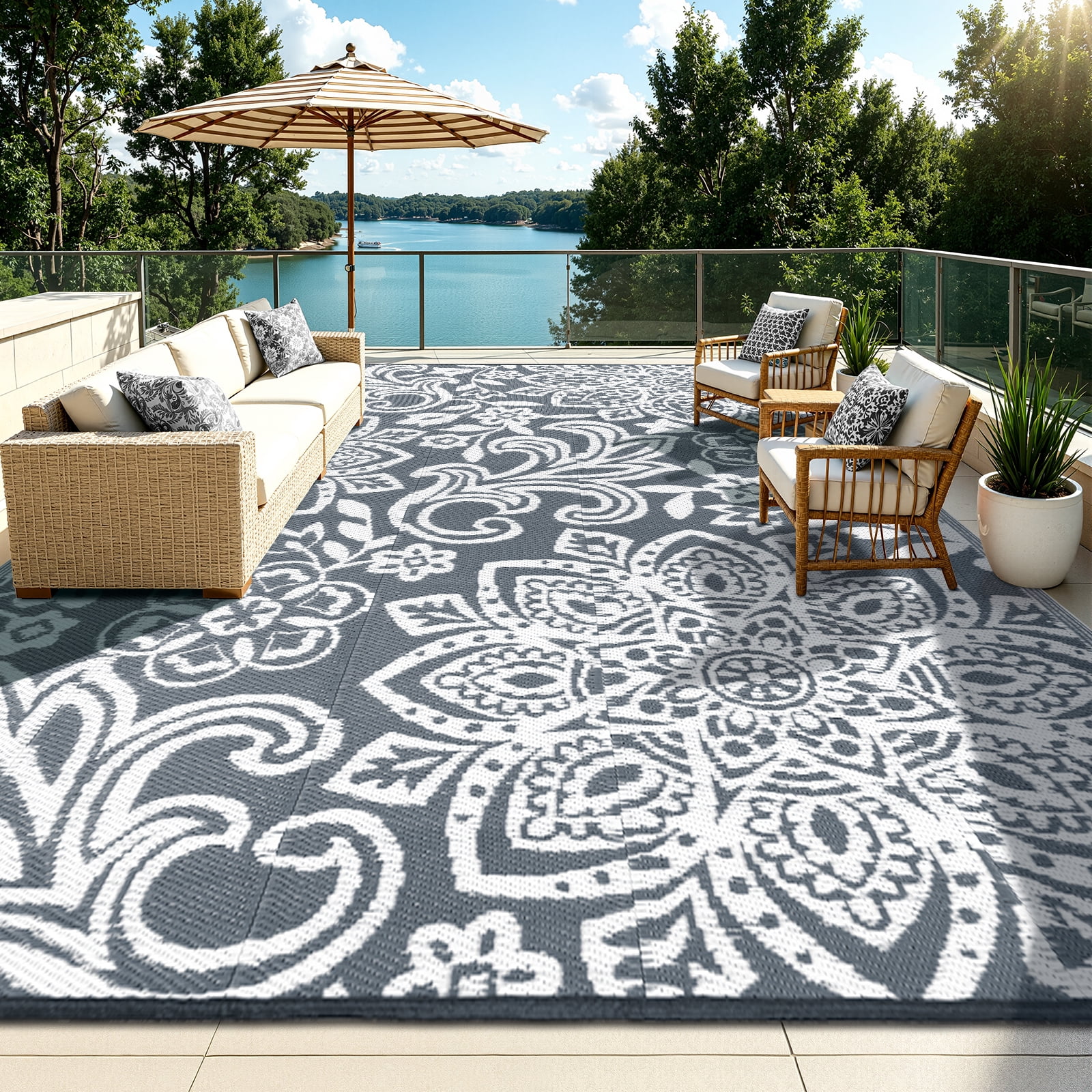 MJIAexp 9'x12' Gray Outdoor Rug Patio Rug Waterproof RV Outdoor Rug Camping Rugs Reversible Plastic Straw Rug Large Outdoor Mat for Camping, Balcony Apartment, Patio, Porch, Picnic, Beach