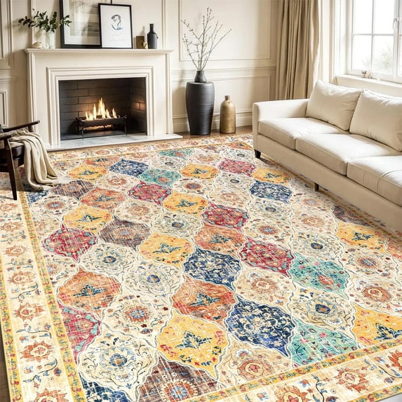 MJIAexp 9 ft x 12 ft Moroccan Area Rug, washable boho multi-color non-slip accent throw rug