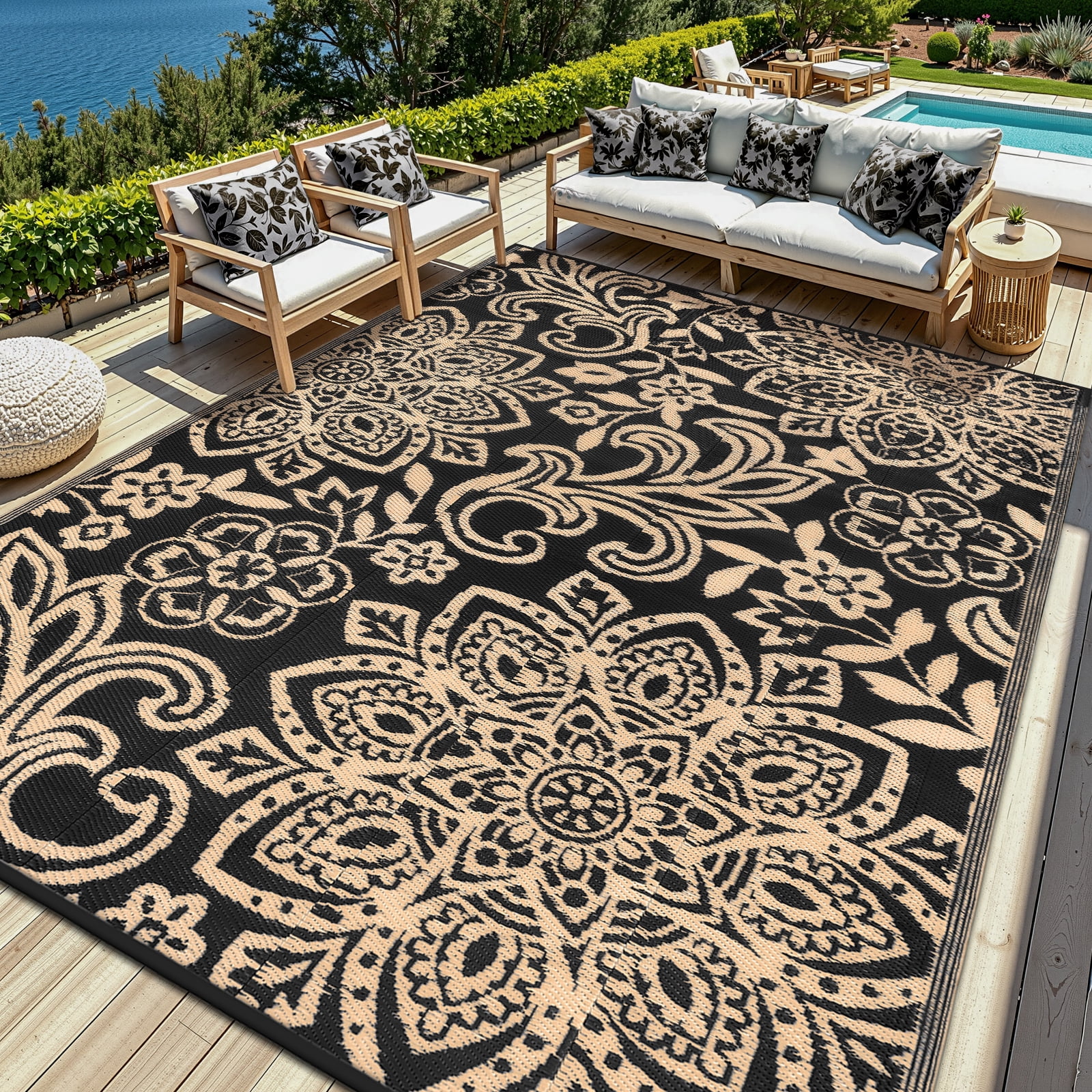 MJIAexp 6' x 9' Outdoor Rugs for Patio, Curved Geometric UV-Coated Waterproof RV Outdoor Rug, Reversible Plastic Straw Camping Rug Floor Mat for Backyard, Porch, Deck, Picnic, Beach Black-Gold