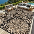 thumbnail image 1 of MJIAexp 6' x 9' Outdoor Rugs for Patio, Curved Geometric UV-Coated Waterproof RV Outdoor Rug, Reversible Plastic Straw Camping Rug Floor Mat for Backyard, Porch, Deck, Picnic, Beach Black-Gold, 1 of 7