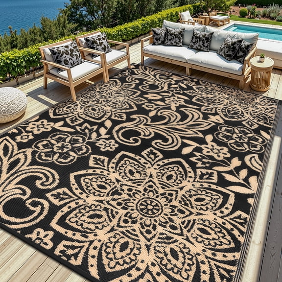 MJIAexp 6' x 9' Outdoor Rugs for Patio, Curved Geometric UV-Coated Waterproof RV Outdoor Rug, Reversible Plastic Straw Camping Rug Floor Mat for Backyard, Porch, Deck, Picnic, Beach Black-Gold