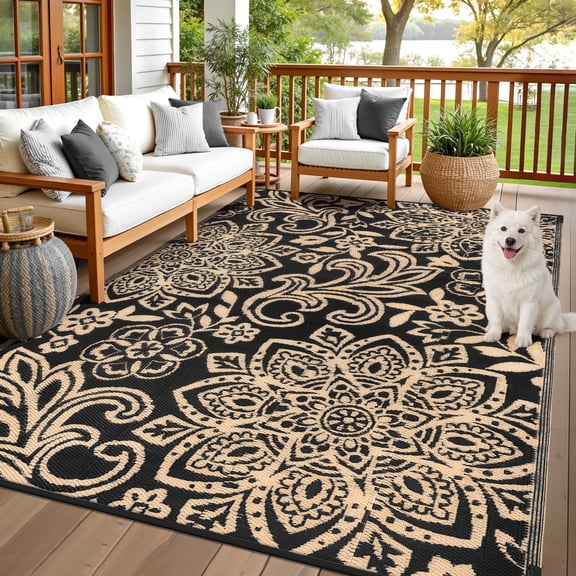 MJIAexp 6' x 9' Outdoor Rugs for Patio, Curved Geometric UV-Coated Waterproof RV Outdoor Rug, Reversible Plastic Straw Camping Rug Floor Mat for Backyard, Porch, Deck, Picnic, Beach Black-Gold