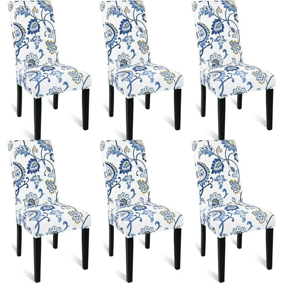 MJIAexp Chair Covers Set of 6, Stretch Chair Slipcovers Seat Protector Armless Removable Washable Elastic Universal Spandex Solid Chair Slip Covers for Home, Hotel, Banquet Blue Flowers
