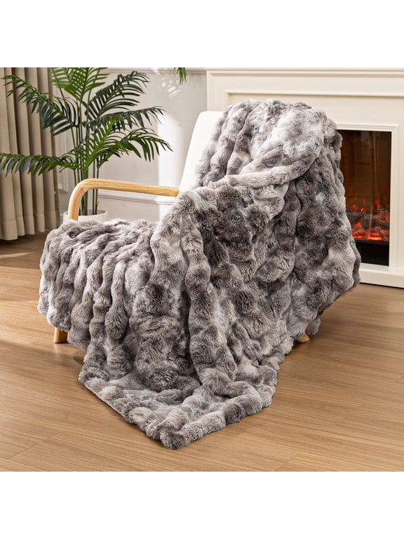 Faux Fur Throw Blanket for Couch, Cozy Soft Plush Thick Fuzzy Comfy Bubble Blanket and Fuzzy Plush Rabbit Fur Blanket for Sofa Bedroom Living Room, 50" x 60"-Tie-dye Gray