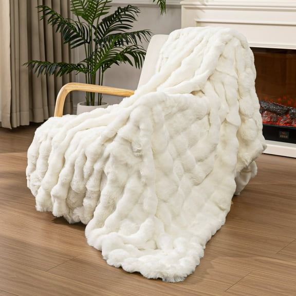 MJIAexp Faux Fur Throw Blanket for Couch, Cozy Soft Plush Thick Fuzzy Comfy Bubble Blanket and Fuzzy Plush Rabbit Fur Blanket for Sofa Bedroom Living Room, 90" x 90" Beige