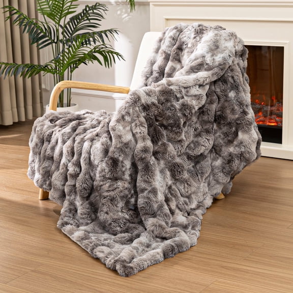 MJIAexp Faux Fur Throw Blanket for Couch, Cozy Soft Plush Thick Fuzzy Comfy Bubble Blanket and Fuzzy Plush Rabbit Fur Blanket for Sofa Bedroom Living Room, 90" x 90"-Tie-dye Gray