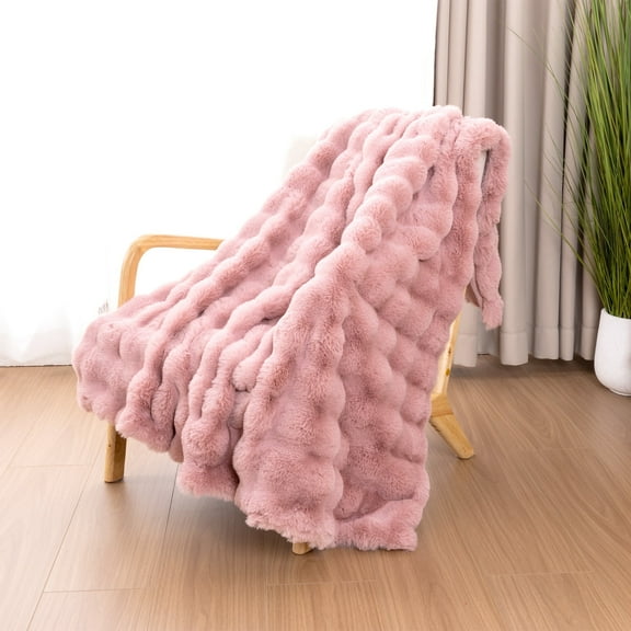 MJIAexp Faux Fur Throw Blanket for Couch, Cozy Soft Plush Thick Fuzzy Comfy Bubble Blanket and Fuzzy Plush Rabbit Fur Blanket for Sofa Bedroom Living Room, 90" x 90" Pink