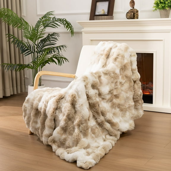 MJIAexp Faux Fur Throw Blanket for Couch, Cozy Soft Plush Thick Fuzzy Comfy Bubble Blanket and Fuzzy Plush Rabbit Fur Blanket for Sofa Bedroom Living Room, 90" x 90"-Tie-dye coffee