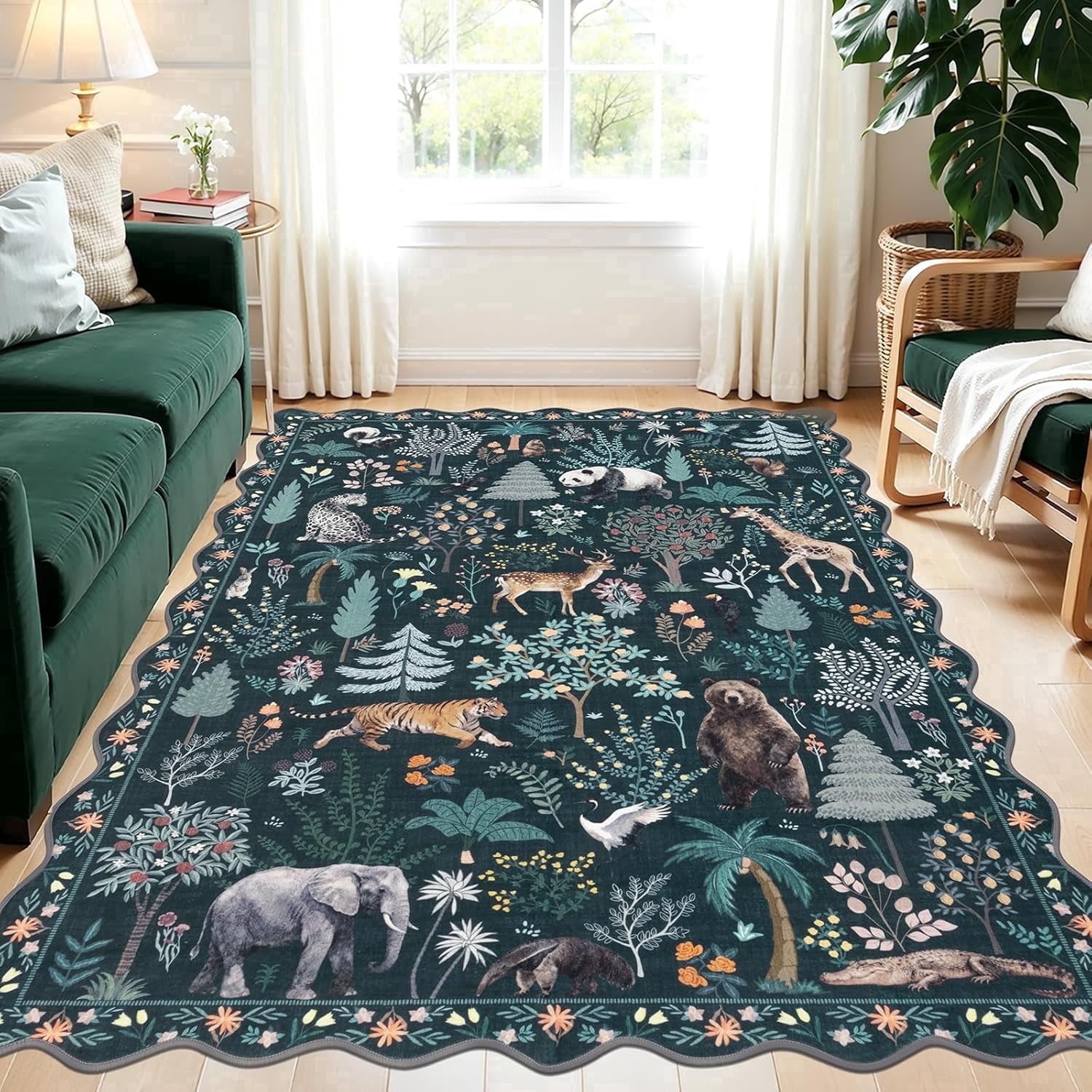 MJIAexp Jungle Animal Print 5x7 Area Rugs for Living Room, Green Soft Washable Rugs for Bedroom Ultra-Thin Non-Slip Modern Rug, Stain Resistant Rug Carpet for Dining Room