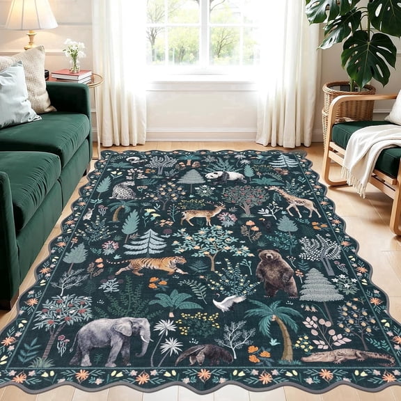MJIAexp Jungle Animal Print 5x7 Area Rugs for Living Room, Green Soft Washable Rugs for Bedroom Ultra-Thin Non-Slip Modern Rug, Stain Resistant Rug Carpet for Dining Room
