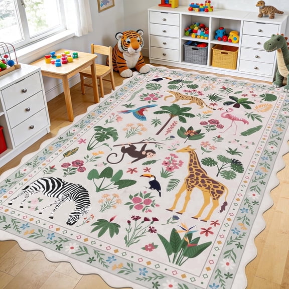 MJIAexp Jungle Animal Print 6x9 Area Rugs for Living Room, Beige Soft Washable Rugs for Bedroom Ultra-Thin Non-Slip Modern Rug, Stain Resistant Rug Carpet for Dining Room