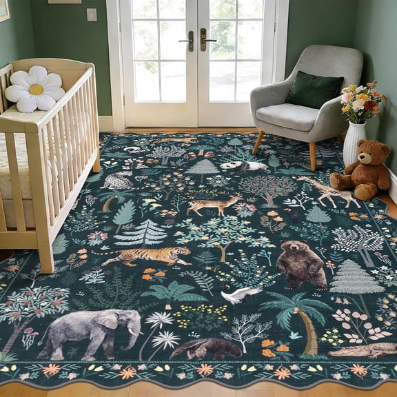 MJIAexp Jungle Animal Print 8x10 Area Rugs for Living Room, Green Soft Washable Rugs for Bedroom Ultra-Thin Non-Slip Modern Rug, Stain Resistant Rug Carpet for Dining Room