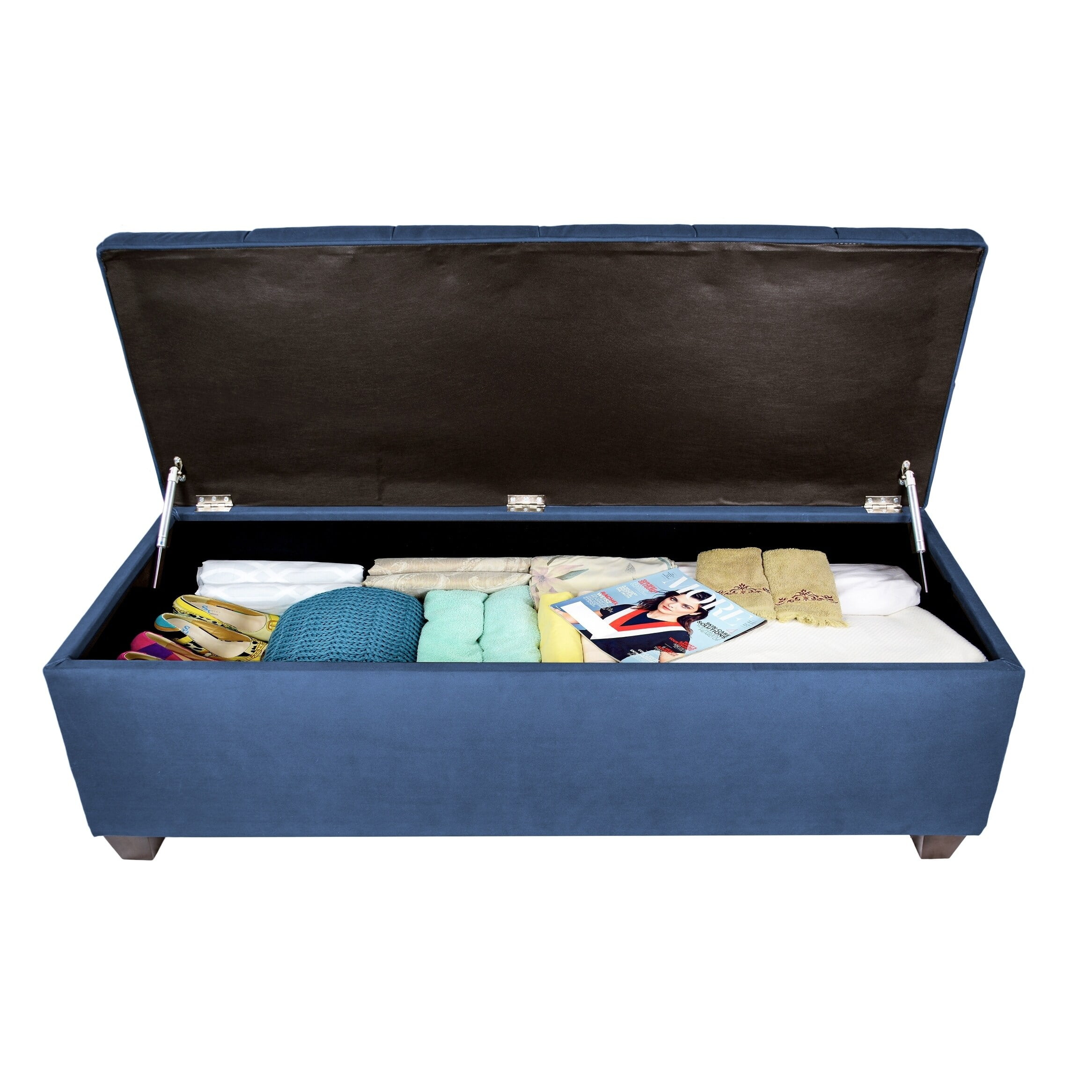 Dark Blue Diamond Tufted Linen Storage Bench with Hydraulic Arms