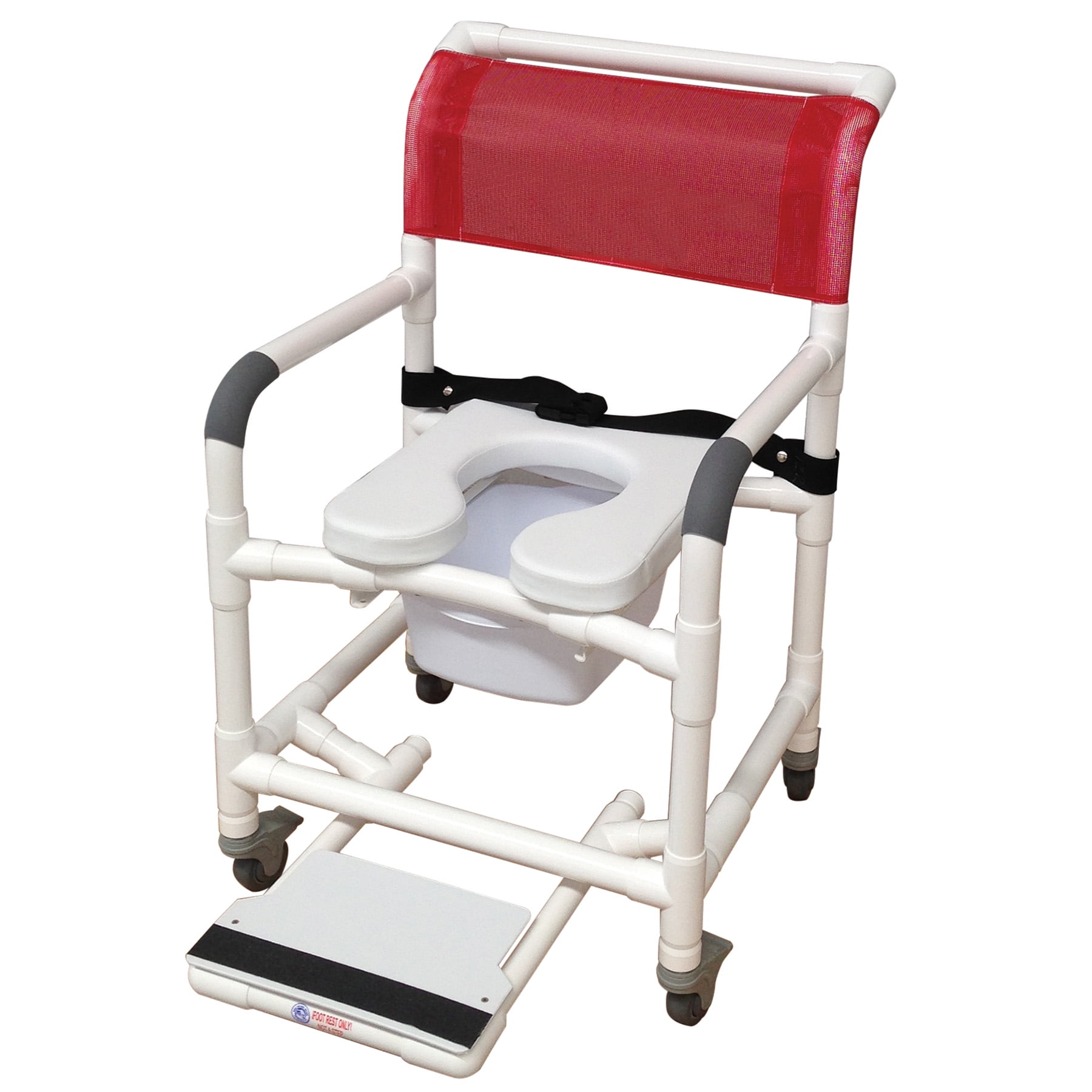 MJM International 118-3TL-SSDE-BB-18-SQ-Pail-SF Shower Chair, 18" Internal Width, 3" Total Lock Casters, Open Front Soft Seat, Buckle Safety Belt
