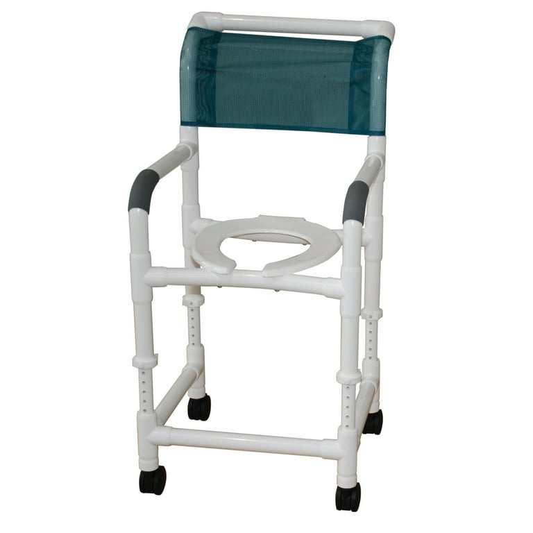MJM International 118 3TW ADJ adjustable height rolling shower commode chair will accommodate standard to handicap toilets