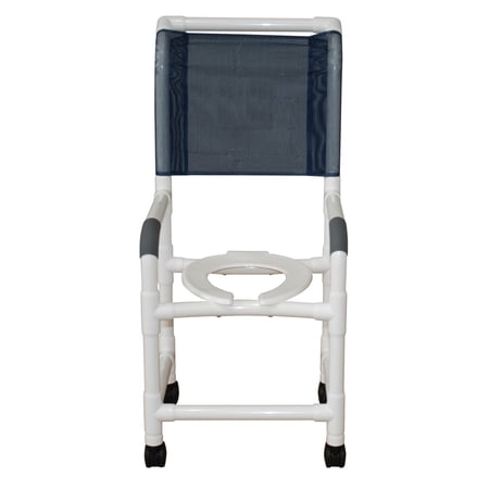 MJM International 118-3tw-h Shower Chair 18 inch internal width, 3 inch twin brake casters, open front commode seat and high back, 300 lbs weight