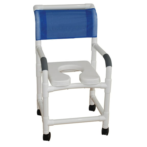 MJM International 118-3TW-SSDE Shower Chair 18" internal width, 3" twin brake casters, deluxe elongated open front soft seat, 300 lbs weight capacity