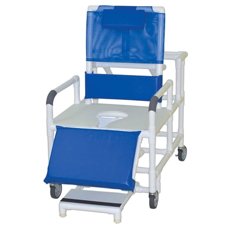 MJM International Bariatric reclining shower chair 26" internal width, full support commode seat, footrest, padded elevated leg extension, 600 lbs weight capacity