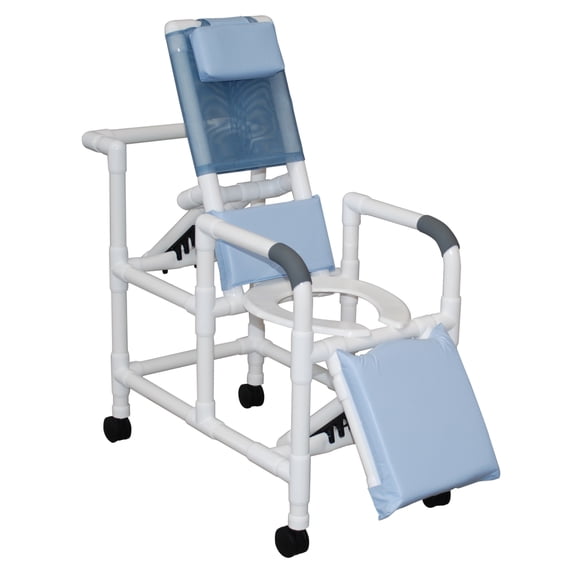 MJM International Reclining Shower Chair, Rehab Commode Chair, 15" Internal Width, Elongated Open Front Seat, Elevated Leg Extension, 300 lbs Capacity