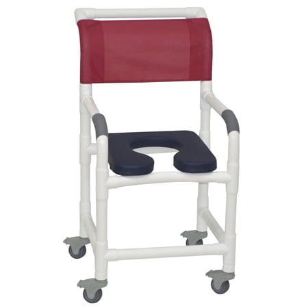 MJM International Superior Shower Chair, 18" Internal Width, Deluxe Elongated Open Front Soft Seat, 3" Total Lock Casters, Standard Size, White