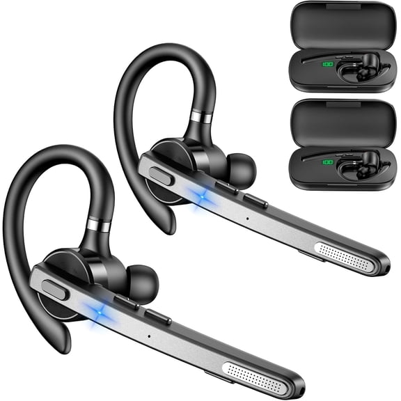 MJMJ 2 Pack Bluetooth Headset V5.1 72H Talktime Wireless Bluetooth Earpiece for Cellphone with 500mah Charging Case Dual Mic Noise Cancelling Hands-Free for Office Driver (2)