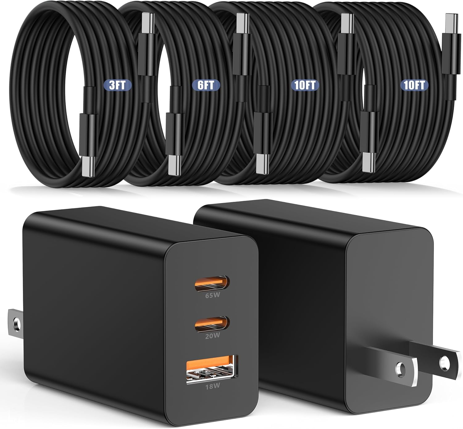 MJMJ 3port 100W C Wall Charger, 65W USB C Fast Charger and 4Pack 3/6/10/10FT Long USBC Quick Charge Cable Cord for Samsung Galaxy S26/S25/S24/S23 Ultra/S22/S21/S20/Note 20/10 Android Phones