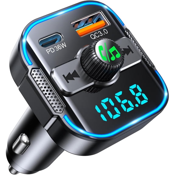 MJMJ Bluetooth 5.3 Car AdapterPD 36W+QC3.0 18W, 2-in-1 FM Bluetooth Transmitter Dual Stronger Mics& Fast Car Charger, Wireless FM Radio Adapter Hands-Free Calling, Siri Assistant, Black