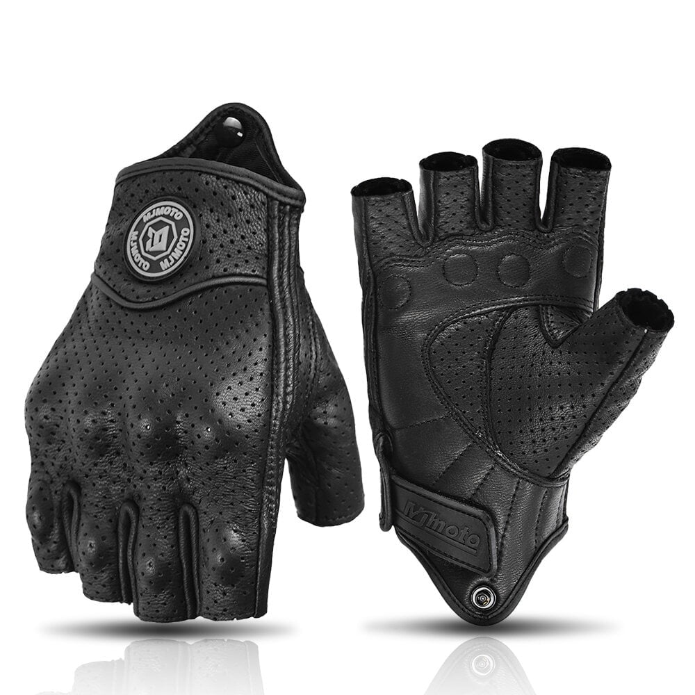 MJMOTO Vintage Leather Motorcycle Gloves Half Finger Touchscreen Off Road Riding Gloves with Hard Shell Protection Breathable Motorcyclist Gloves