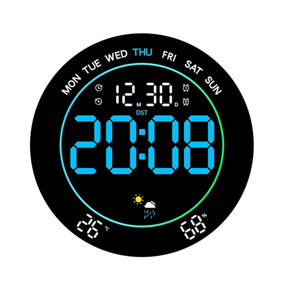 MJSHUN 10" Large Digital Wall Clock with LED Display, Electric Wall Clock with Temperature & Humidity, Auto DST, Date, and Day, 10-Level Brightness for Office, Bedroom, Living Room, Classroom Décor