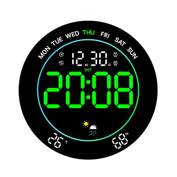 MJSHUN 10" Large Digital Wall Clock with LED Display, Electric Wall Clock with Temperature & Humidity, Auto DST, Date, and Day, 10-Level Brightness for Office, Bedroom, Living Room, Classroom Décor