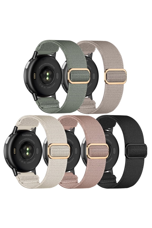 5 Pack Stretchy Nylon Bands Compatible with Garmin Vivoactive 5/Vivoactive 6/Forerunner 55/165 Watch,20mm Soft Elastic Adjustable Replacement Sport Straps for Garmin Venu Sq 2 Women Men