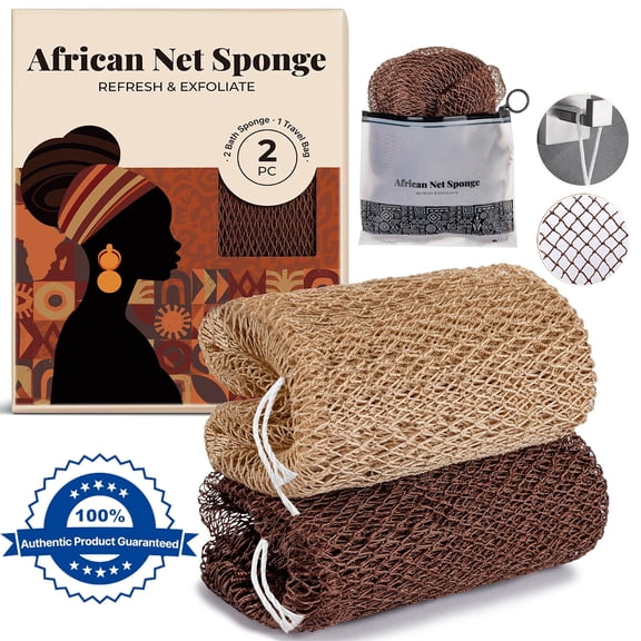 MJSHUN African Net Sponge Authentic, 2 Pack Shower Loofah Exfoliating Bath Sponge, Body Scrubber for Women and Men Daily Body & Face, Gentle Scrubber for All Skin Types, Travel, Spa Gifts, Durable
