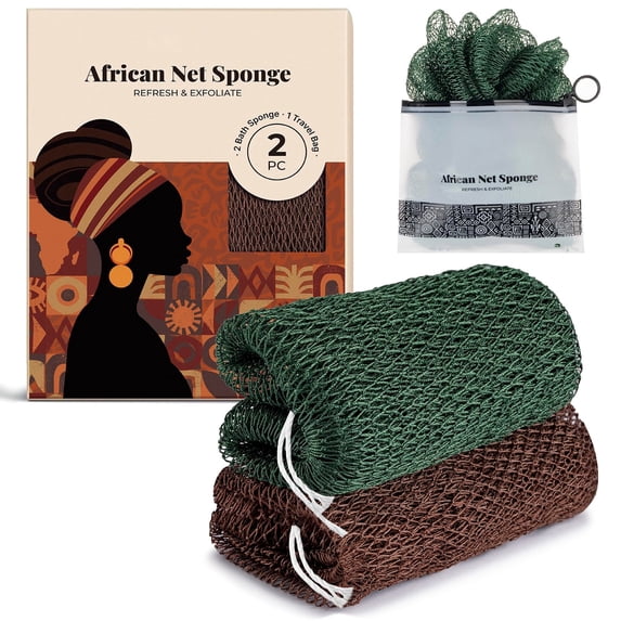 MJSHUN African Net Sponge Authentic, 2 Pack Shower Loofah Exfoliating Bath Sponge, Body Scrubber for Women and Men Daily Body & Face, Gentle Scrubber for All Skin Types, Travel, Spa Gifts, Durable