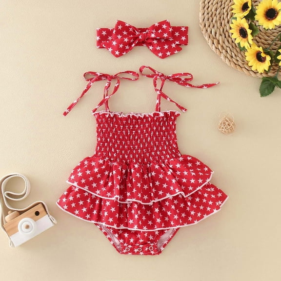 MJTBGFSWG 0-3 Months Baby Girl Clothes Girls Sleeveless Star Prints Independence Day 4Th Of July Romper Bodysuits Headbands Set Size 6-9 Months
