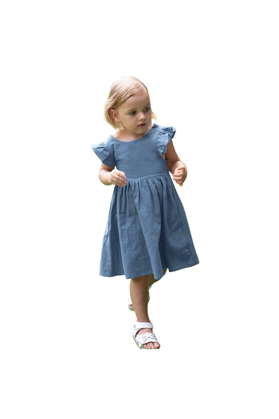 Dresses for Girl Kids Girls Toddler Soild Cotton Linen Ruffle Halter Boeknot Sleeveless Princess Dresses