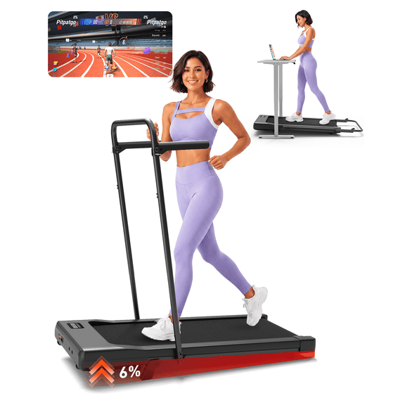 MJWW Treadmill Walking Pad with Handrail and 6% Incline, 300LBS Capacity Portable Under Desk Treadmill for Apartment and Home Office, Quiet Mini Treadmill with App & Remote Control, No Assembly