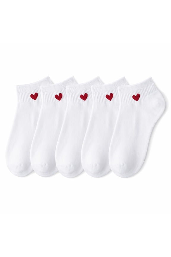 5 Pairs Heart Socks for Women Girls Mini Crew Above Ankle Cotton Casual Socks for School Gifts Socks Sizes 5-10 White